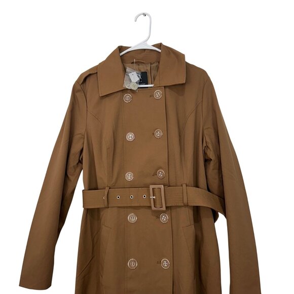 New York & Company Brown Double-Breasted Belted Trench Coat Ruffle Hem Womens XL - Picture 14 of 16